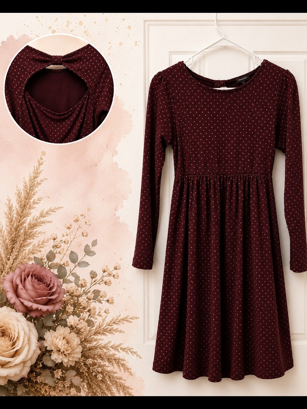 Burgundy Polka Dot Stretch Dress- Back Cutout Size 12 Girls